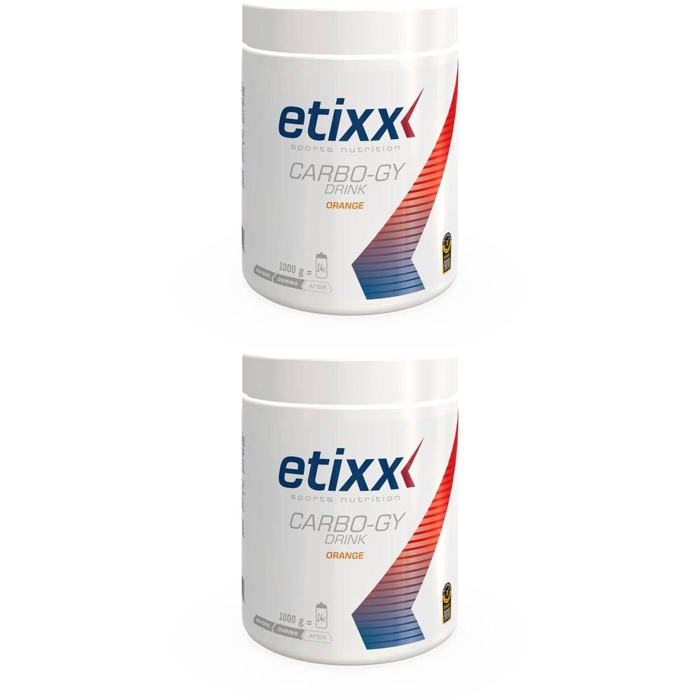 Deux boîtes blanches avec le logo Etixx et l'inscription Carbo-GY Drink Orange. Bande rouge et bleue sur le côté.