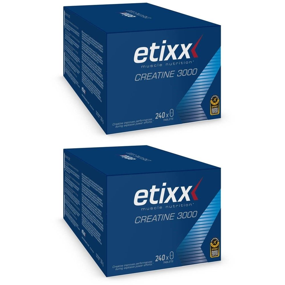 Deux boîtes bleues avec "etixx muscle nutrition CREATINE 3000". Inscription "240x0 Tablets".