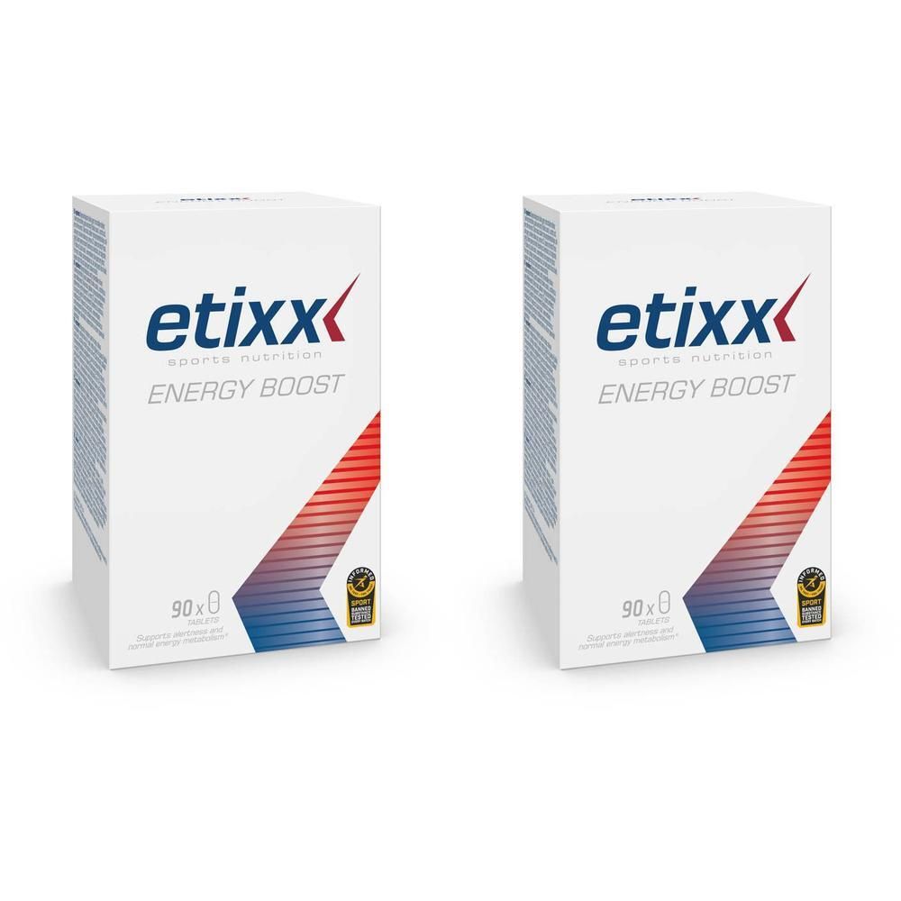 Deux boîtes blanches Etixx Energy Boost. Inscription: 90x. Avec label de qualité.
