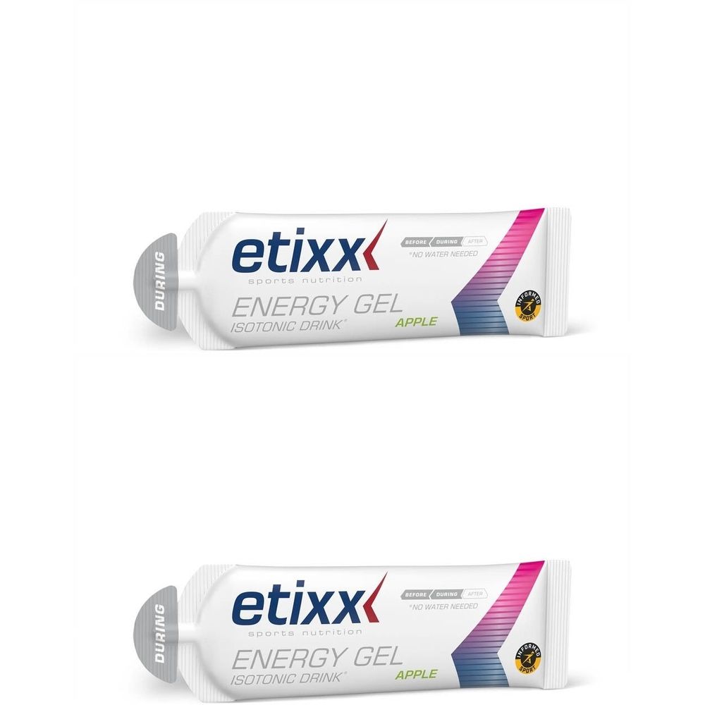 Deux sachets blancs avec le logo etixx. Inscription : Energy Gel, Isotonic Drink, Apple. Accents roses et violets.