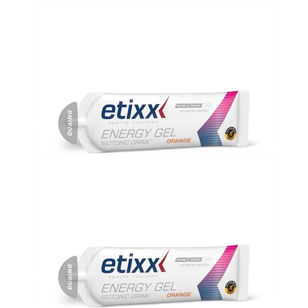 Deux sachets blancs "etixx Energy Gel Orange". Accents roses et bleus. Boisson isotonique.