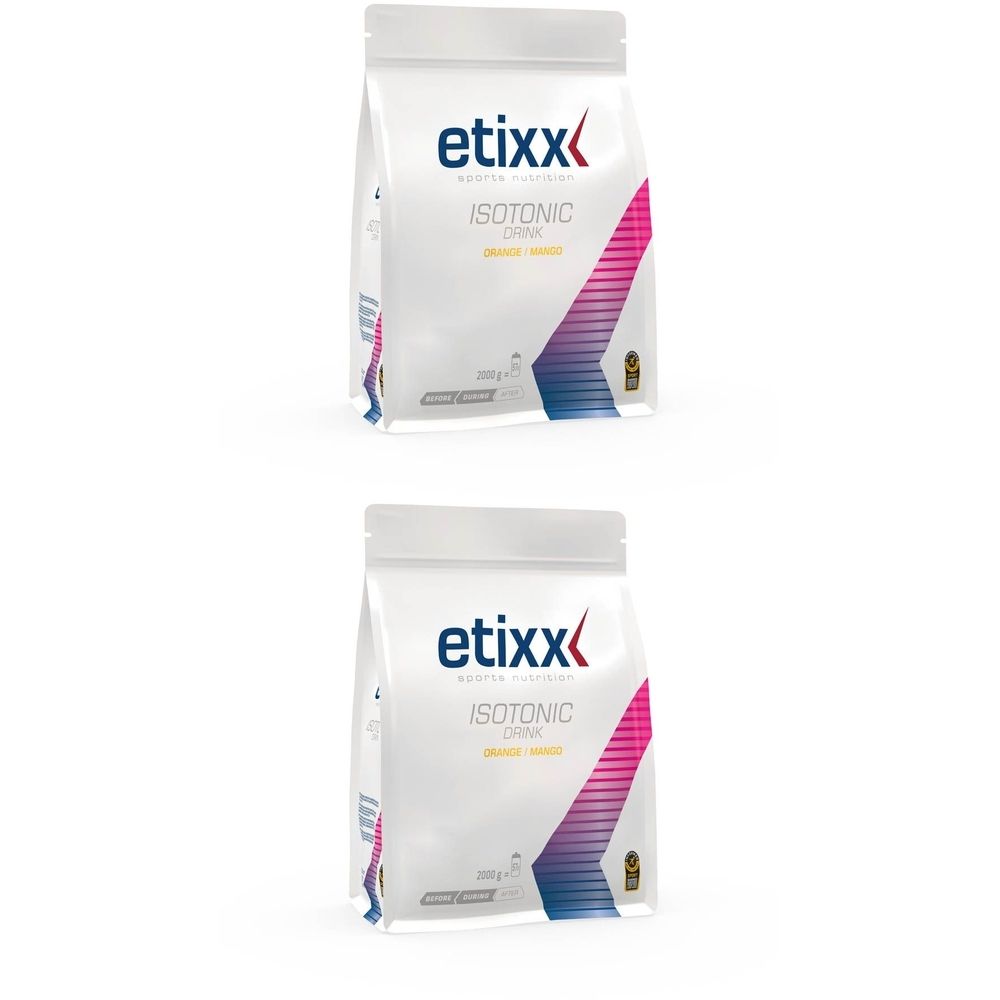 Deux sachets Etixx Isotonic Drink. Blanc, avec logo et nom du produit. Inscription : Mangue-Orange. 280g.