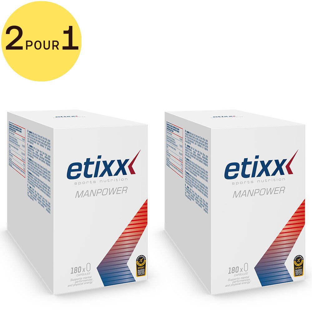 Deux boîtes blanches avec logo Etixx et inscription Manpower. Impression: 180x0. Cercle jaune: 2 pour 1.