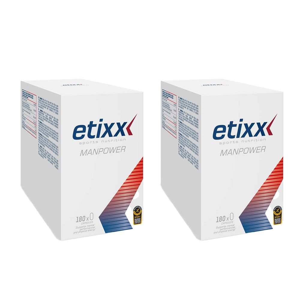 Deux boîtes blanches avec logo Etixx et inscription Manpower. Impression: 180x0. Label de qualité.