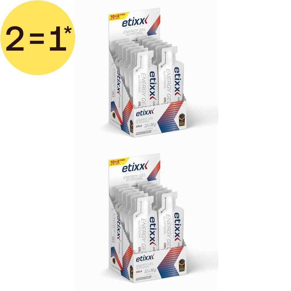 Deux présentoirs d'Etixx Energy Gel Cola, 12x38g chacun.