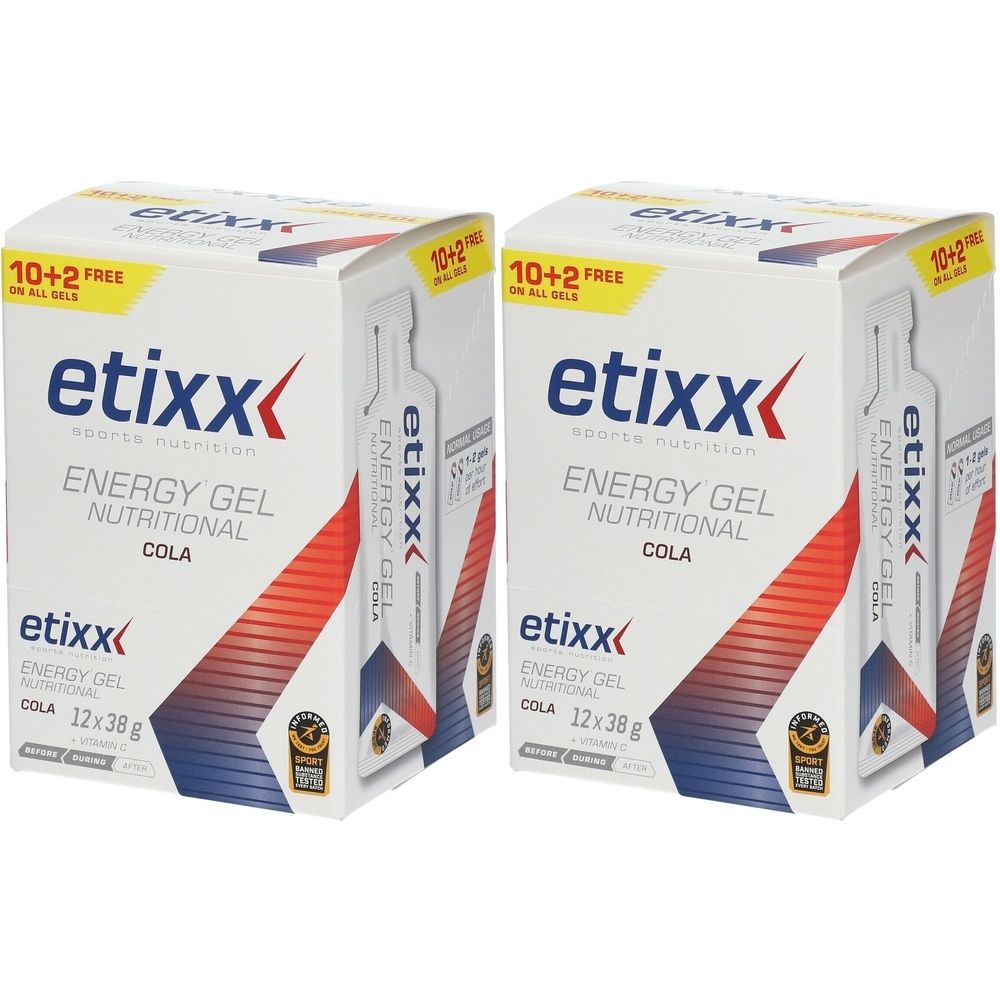 Deux boîtes de gel énergétique Etixx Cola. Inscriptions : Energy Gel Nutritional, 10+2 gratuits, 12x38g. Logo et texte Etixx.