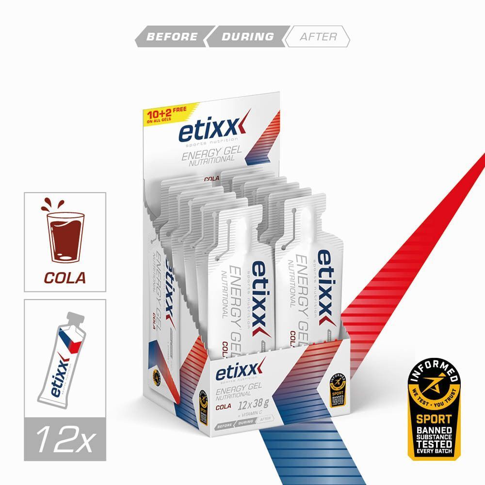 Présentoir de 12 sachets d'Etixx Energy Gel Cola. Mention "10+2 FREE" et sceau "Informed Sport".