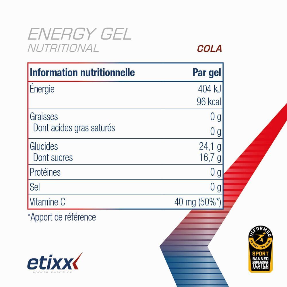 Coureur tenant un Etixx Energy Gel Cola. Citation sur le goût et l'adéquation pour les coureurs.