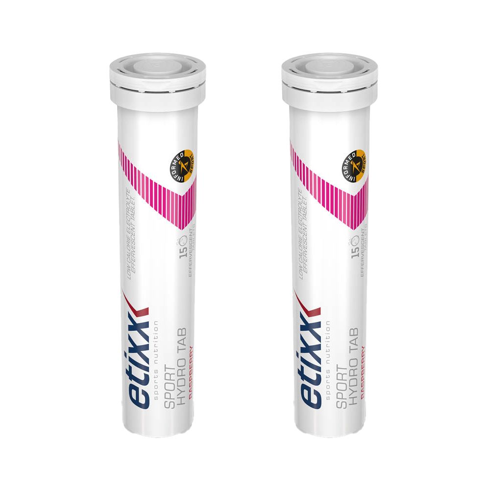 Deux tubes Etixx Sport Hydro Tab. Tubes blancs avec design rose et informations produit. Inscription: Sport Hydro Tab Raspberry.