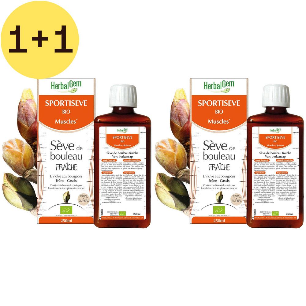 Deux flacons et deux boîtes. Inscription: SPORTISEVE BIO Muscles, Sève de bouleau FRAÎCHE. Offre 1+1.