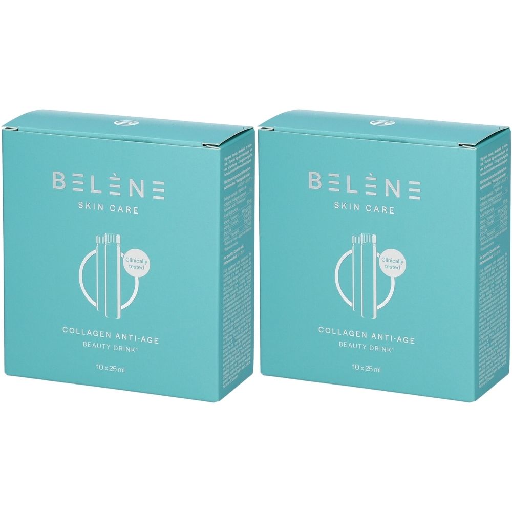 Deux boîtes turquoise avec le texte BELÈNE SKIN CARE. Inscription : COLLAGEN ANTI-AGE BEAUTY DRINK. Représentation d'une boisson stylisée.