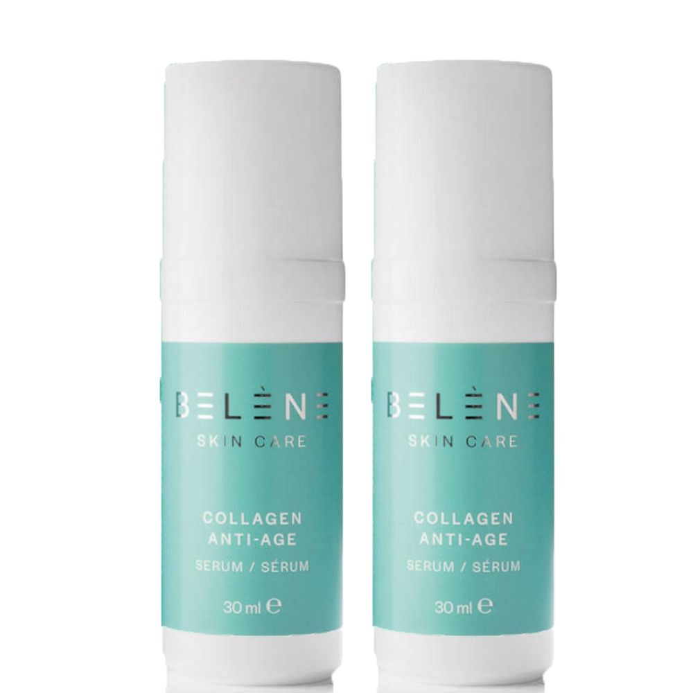 Deux flacons de sérum Belène Skin Care. Bouchon blanc, impression turquoise. Inscription : Collagen Anti-Age Serum.