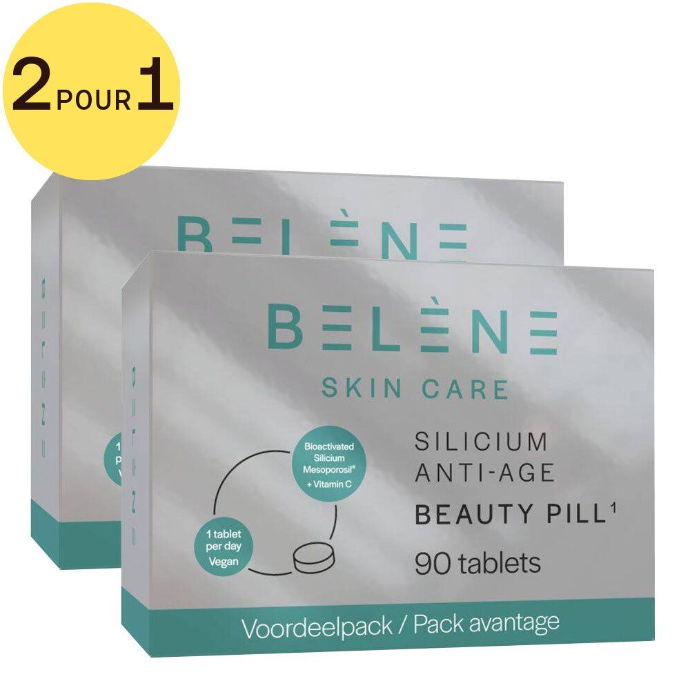 Deux boîtes de Belène Skin Care Silicium Anti-Age Beauty Pill. 2 pour 1. Chaque boîte contient 90 comprimés. Vegan.