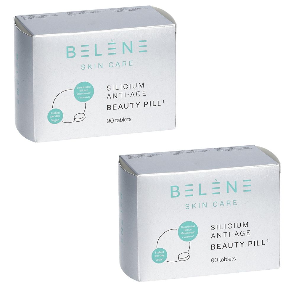 Deux boîtes de Belène Skin Care Silicium Anti-Age Beauty Pill. Chaque boîte contient 90 comprimés. Vegan.