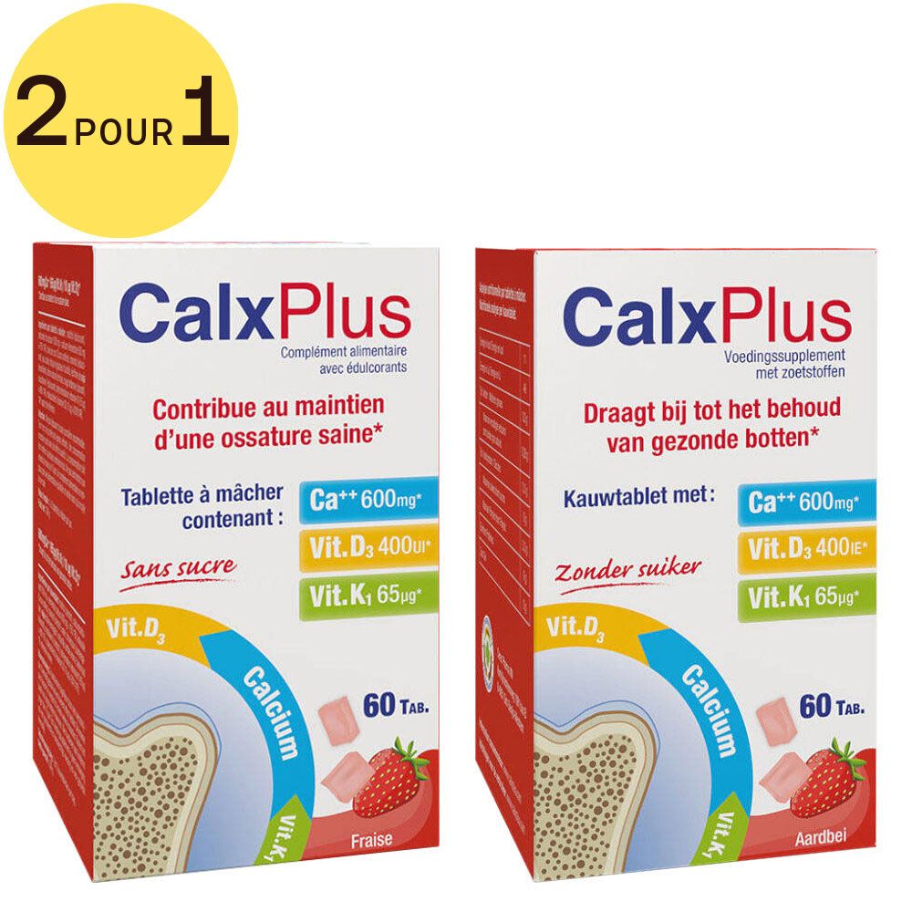 Deux boîtes CalxPlus. Inscription: Calcium, Vit. D, Vit. K. Illustration de fraises. 60 comprimés. Inscription en français.