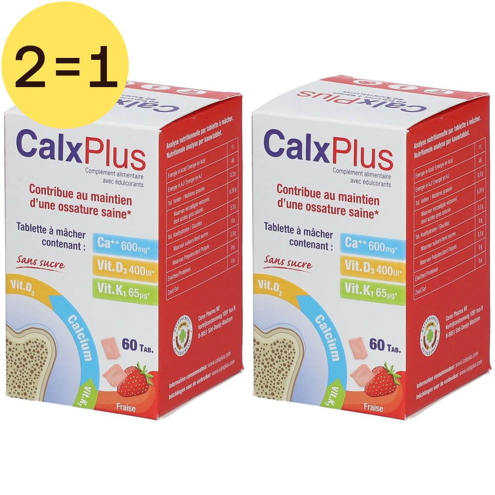 Deux boîtes CalxPlus. Inscription: Calcium, Vit. D, Vit. K. Illustration de fraises. 60 comprimés. Inscription en français.