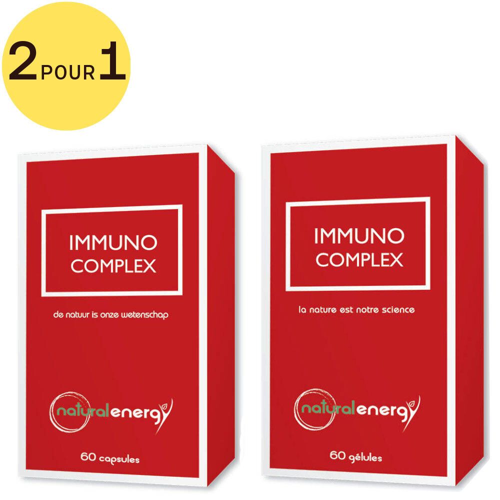 Deux boîtes rouges avec "IMMUNO COMPLEX". En bas, "naturalenergy" et "60 gélules". Cercle jaune avec "2 POUR 1".