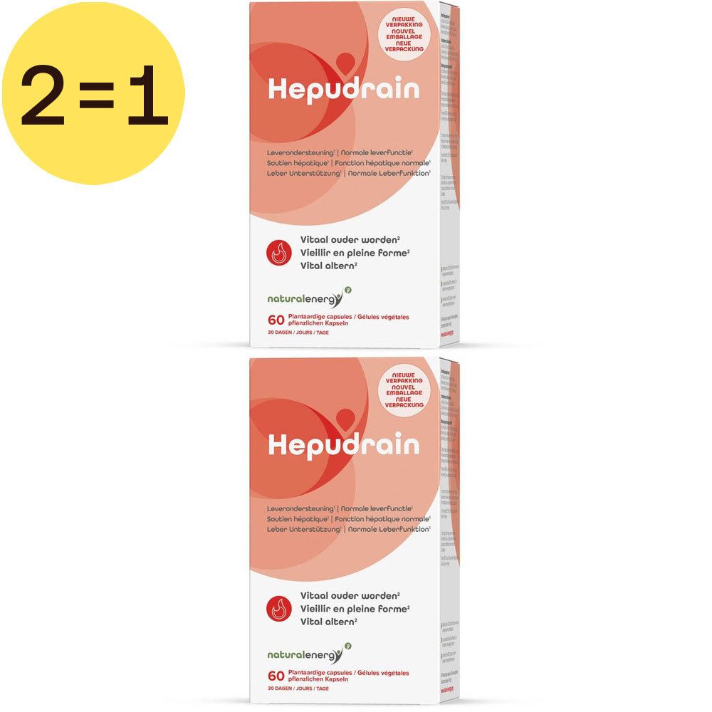 Deux boîtes Hepudrain, emballage blanc-orange. En haut à gauche : 2=1. Texte : Vital ouder worden/Vital altern.