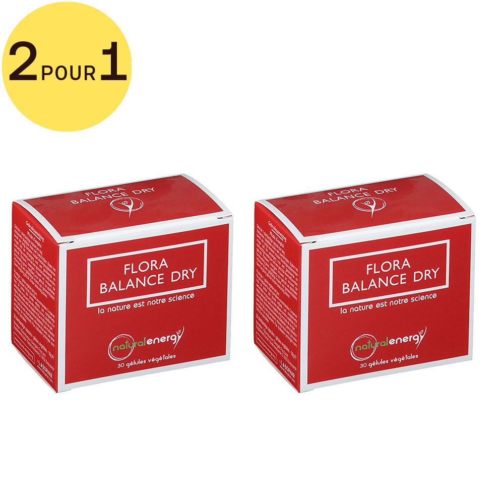 Deux boîtes rouges avec le logo "FLORA BALANCE DRY" et "Natural Energy". Cercle jaune avec "2 POUR 1".