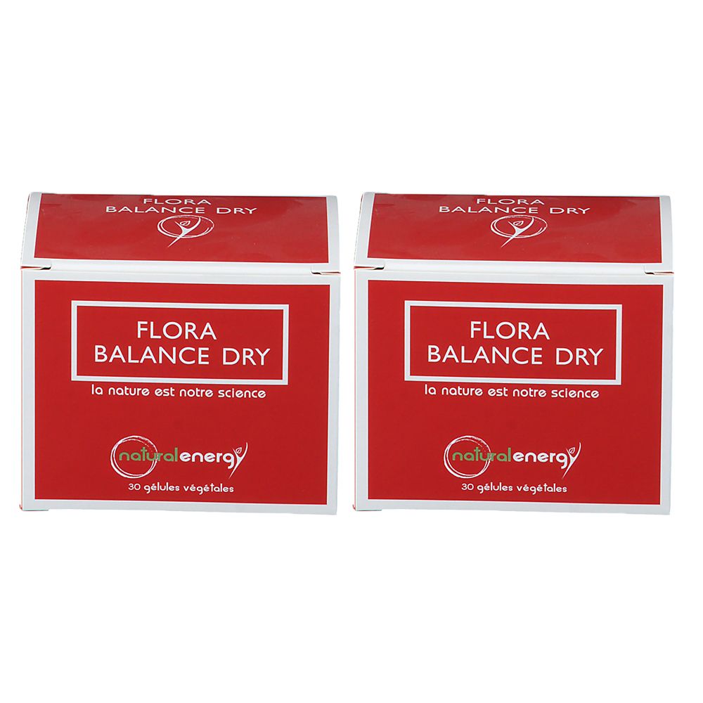Deux boîtes rouges avec le logo "FLORA BALANCE DRY" et le texte "Natural Energy". 30 gélules végétales.