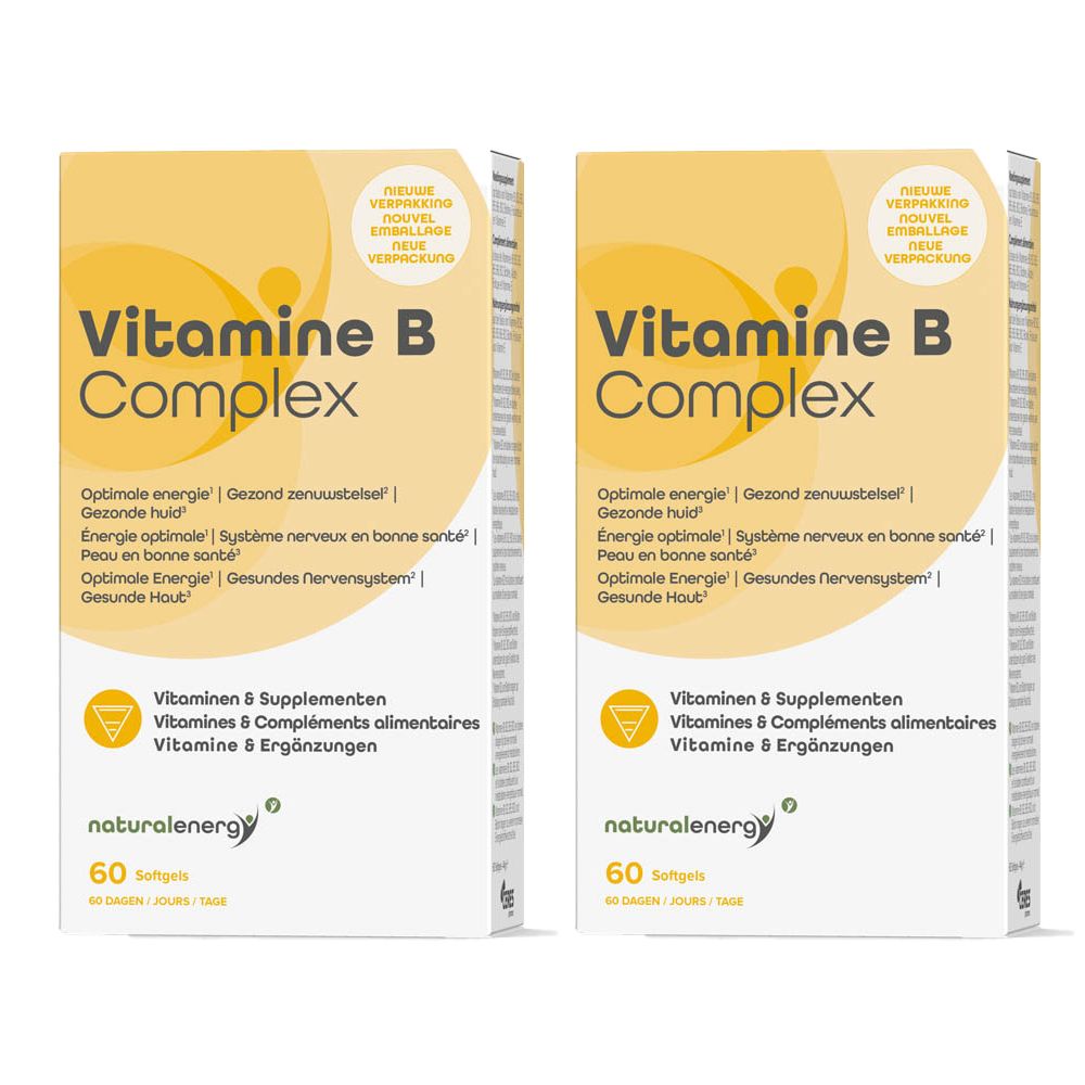 Deux boîtes de Vitamine B Complex. Emballage jaune avec texte blanc. Contient 60 gélules. Marque : naturalenergy.