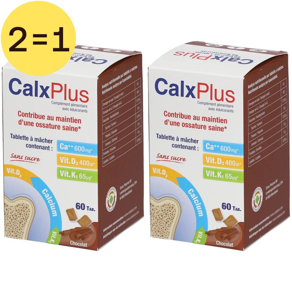 Deux boîtes CalxPlus. Inscription : Calcium, Vit. D3, Vit. K, 60 comprimés. Morceaux de chocolat devant.