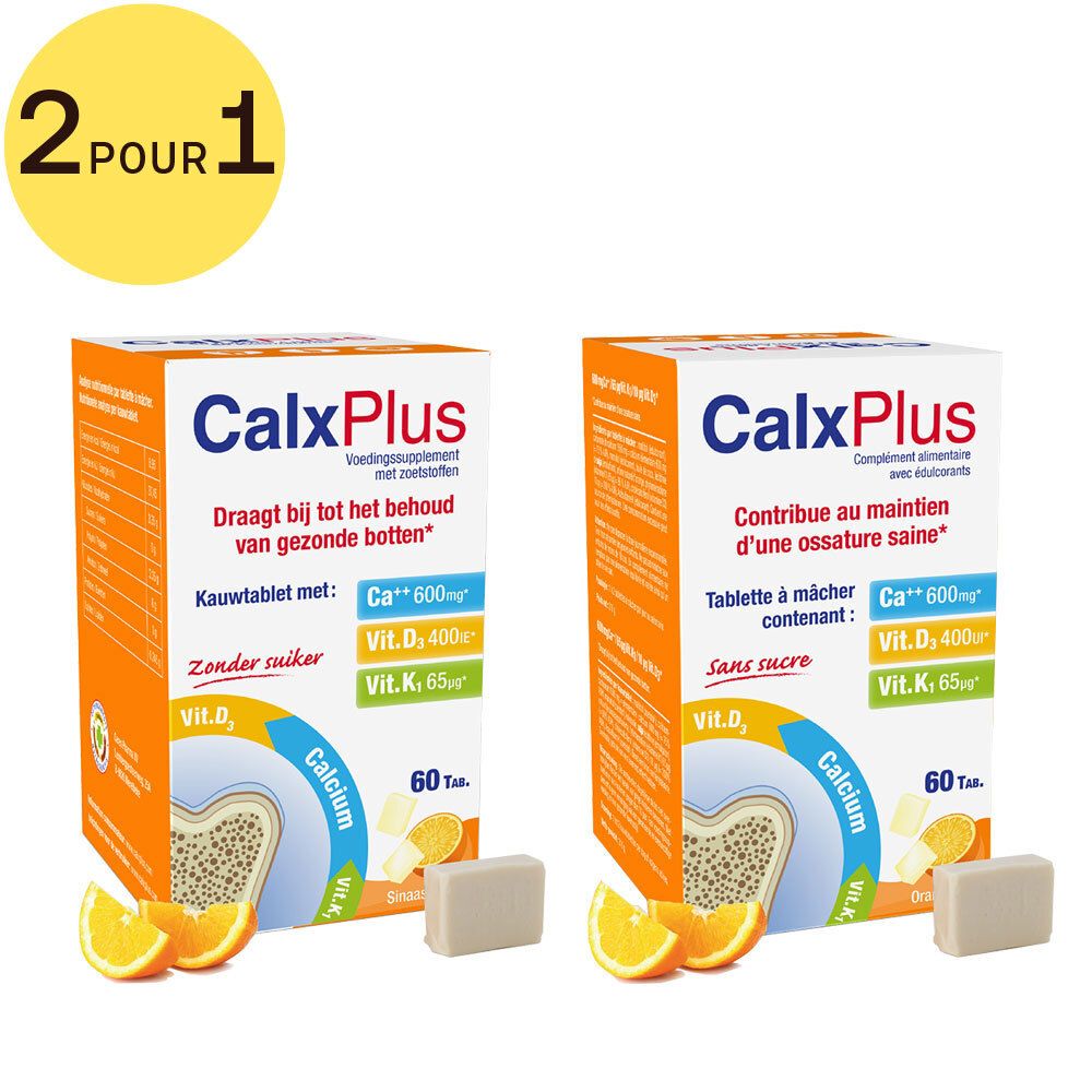 Deux boîtes CalxPlus, design orange. Contient calcium, vitamine D et K. Avec 60 comprimés. Sans sucre.