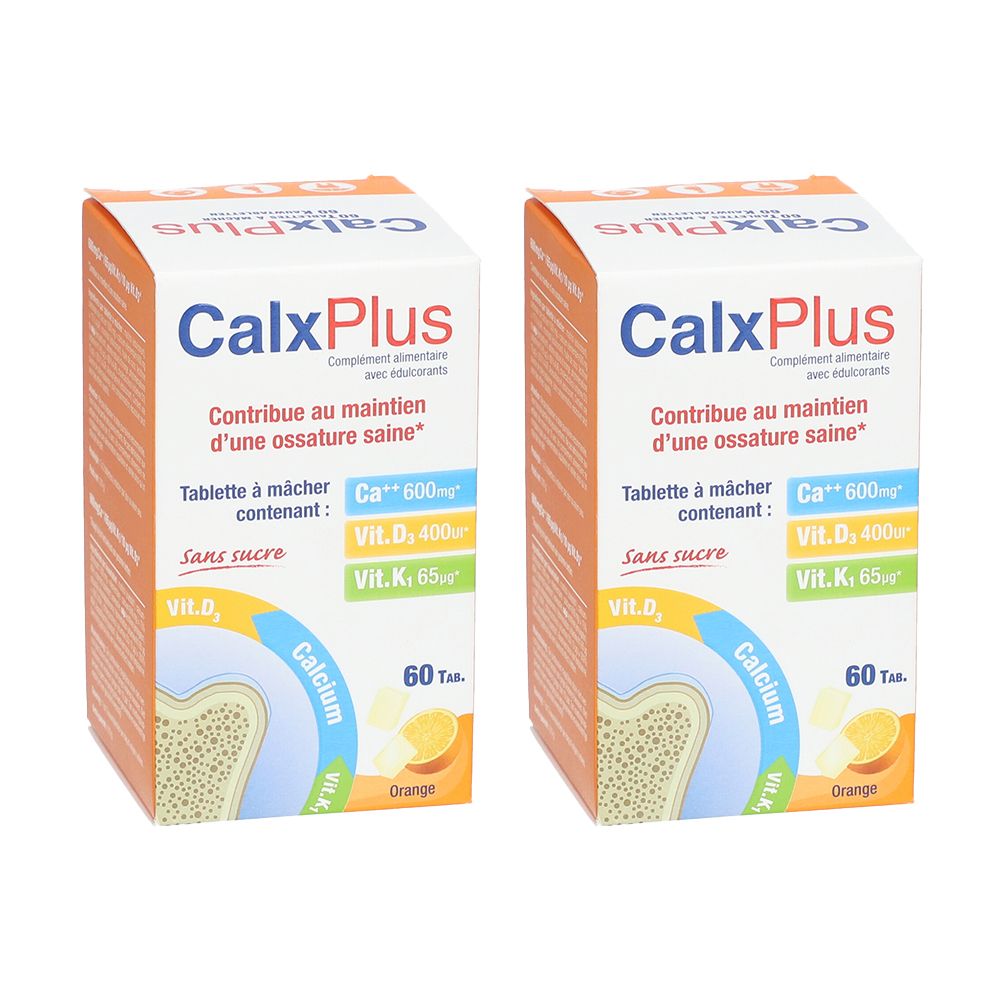 Deux boîtes CalxPlus, design orange. Contient calcium, vitamine D et K. Avec 60 comprimés. Sans sucre.