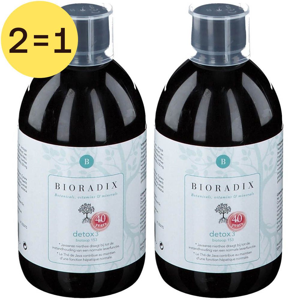 Deux boîtes de "Bioradix Detox 3". Emballage marron avec motif d'arbre, étiquette blanche et texte. Logo "40 ans".