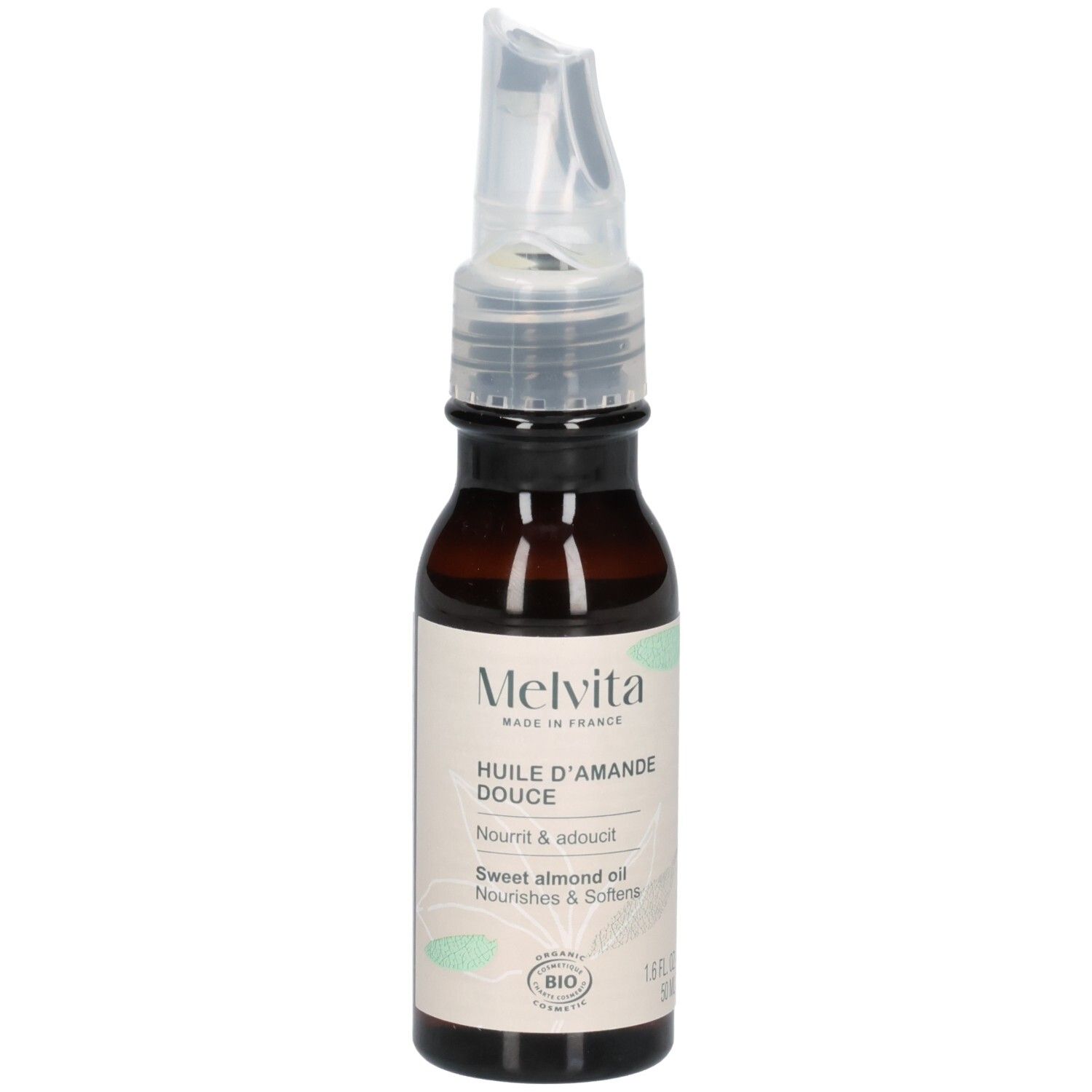 Flacon en verre brun avec applicateur. Inscription: Melvita Huile d'Amande Douce, certification BIO.