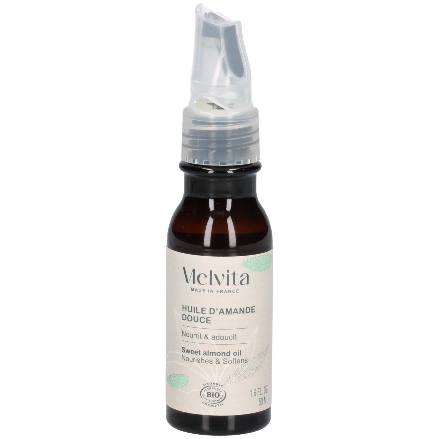 Flacon en verre brun avec applicateur. Inscription: Melvita Huile d'Amande Douce, certification BIO.