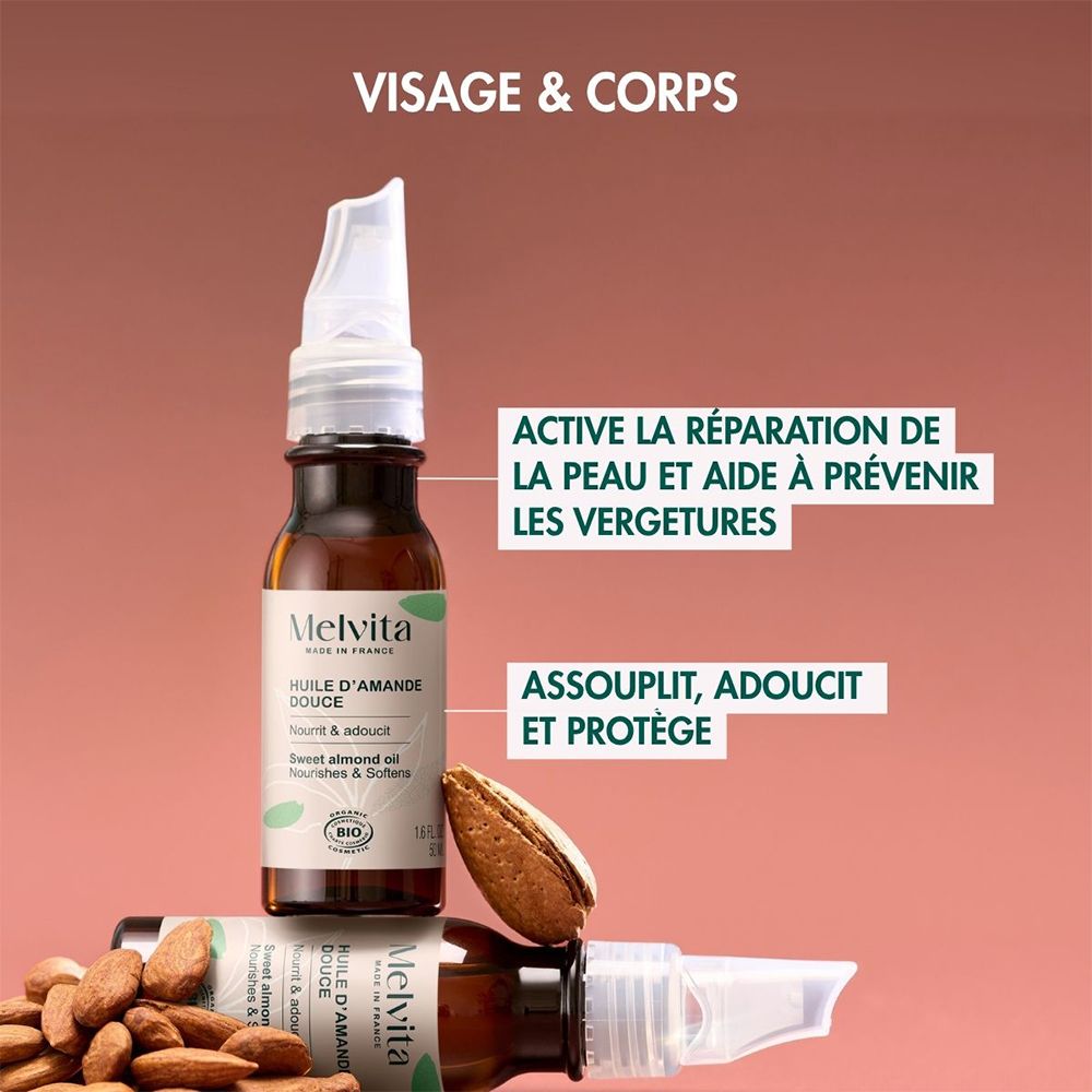 Image produit avec texte: Visage & Corps. Flacon, amandes et texte.