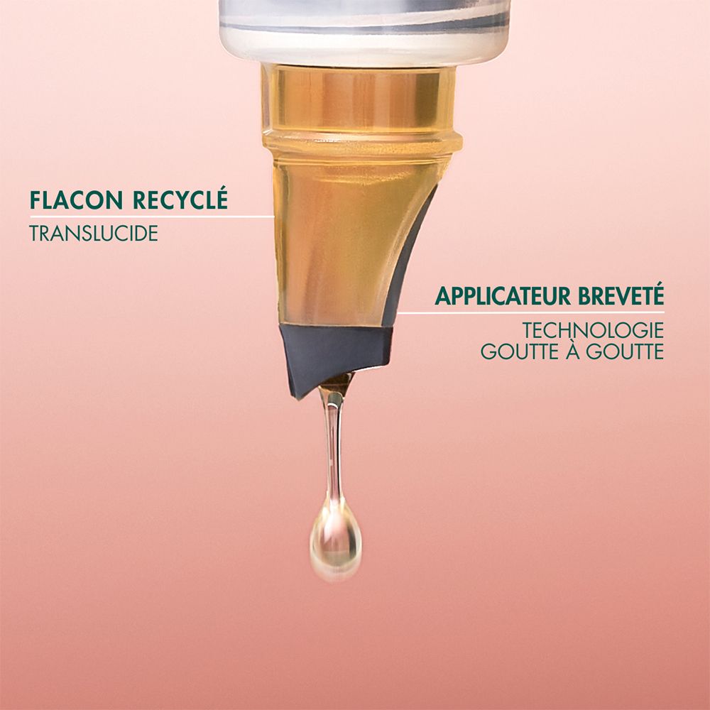 Gros plan de l'applicateur. Texte: Flacon recyclé, Applicateur breveté.