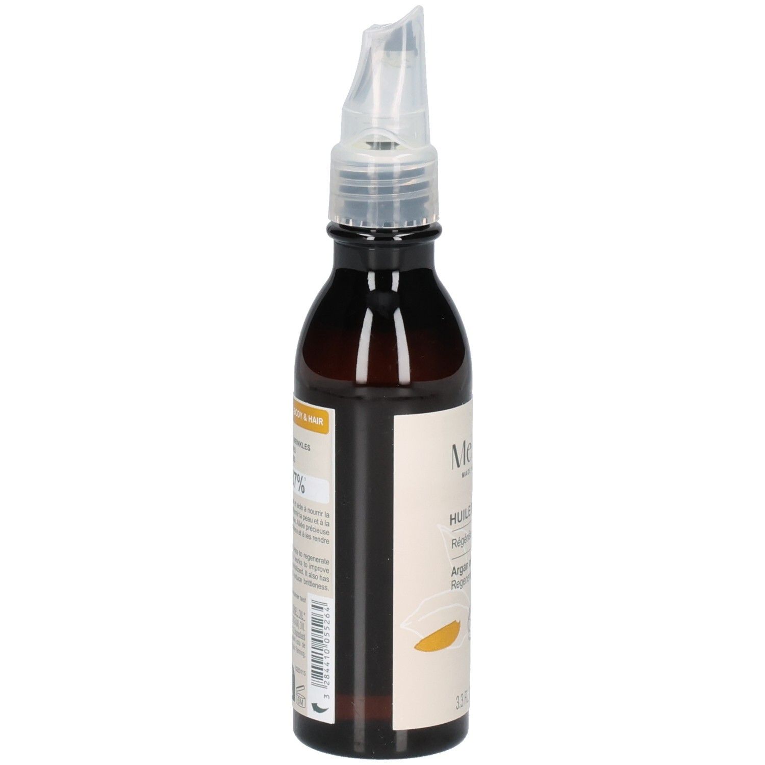Flacon d'huile d'argan Melvita, vue de côté. Étiquette avec sceau BIO et ingrédients.
