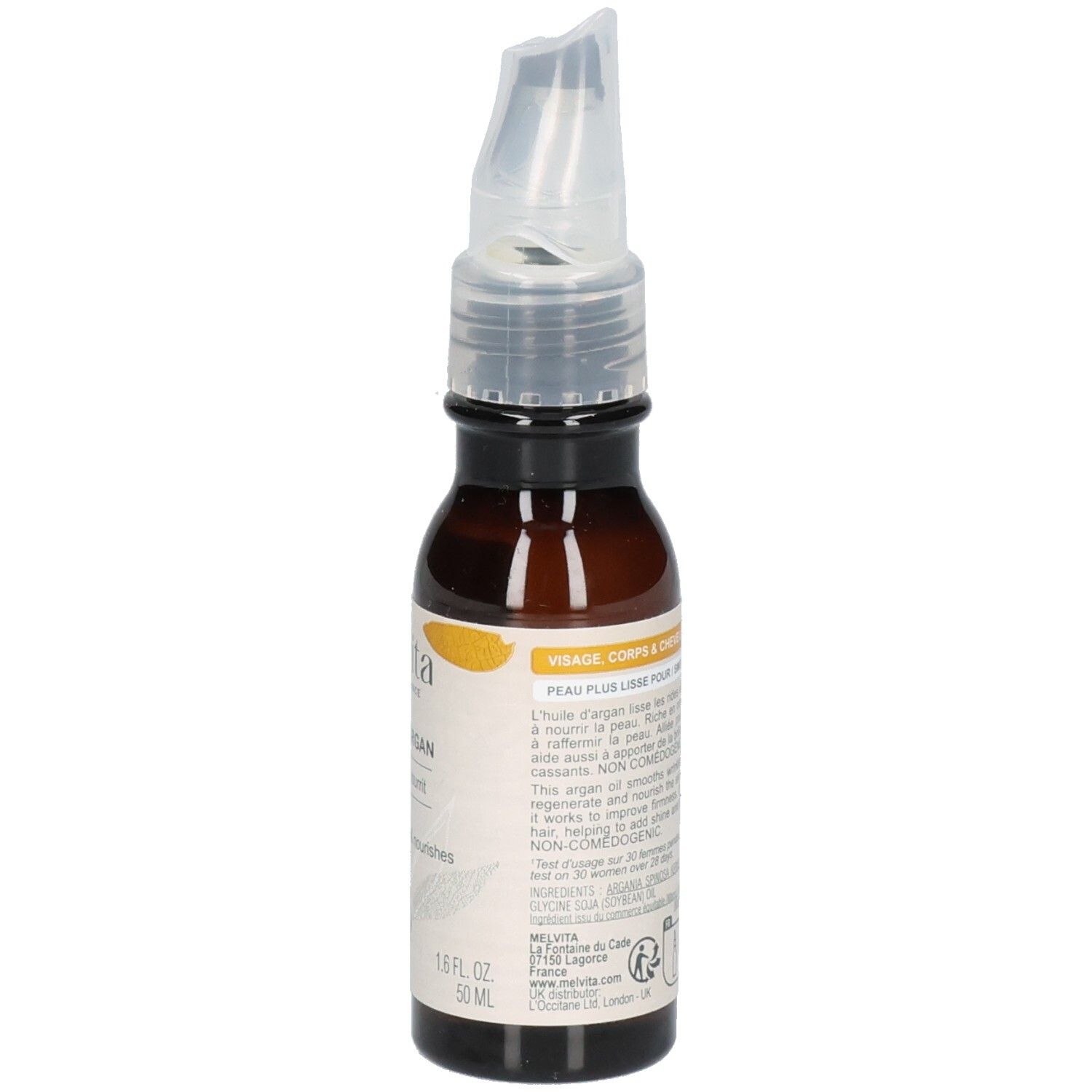 Présentation de différentes huiles d'argan Melvita et d'autres huiles en flacons.