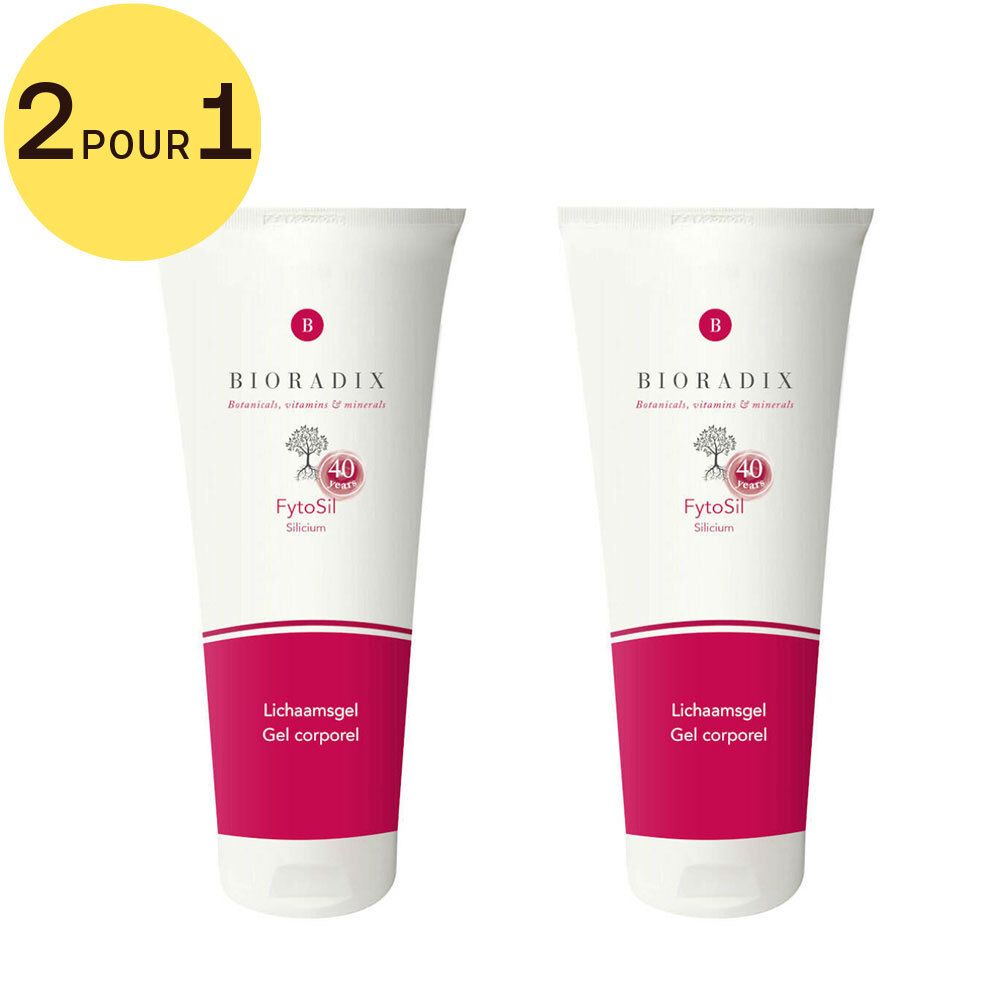 Deux tubes de gel Bioradix FytoSil Silicium. Blanc, avec bande rose et texte. Autocollant '2 pour 1'.