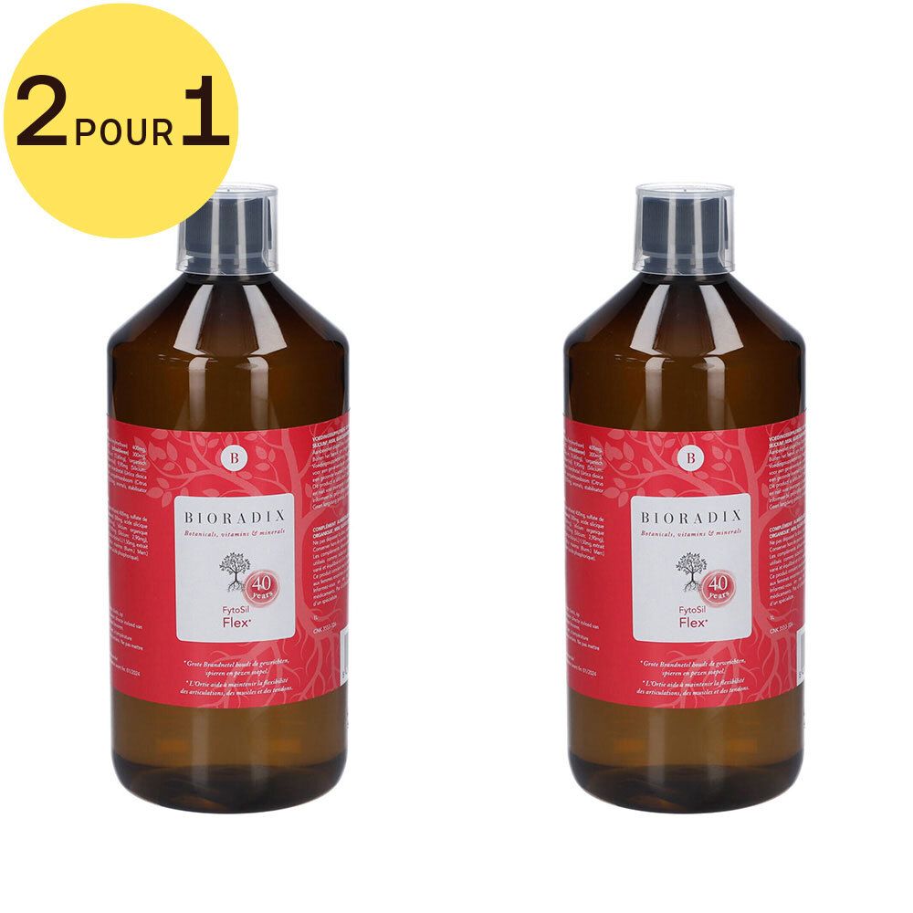 Deux flacons de Bioradix Fytosil Flex. Flacons bruns avec étiquette rouge. Cercle jaune avec '2 pour 1'.