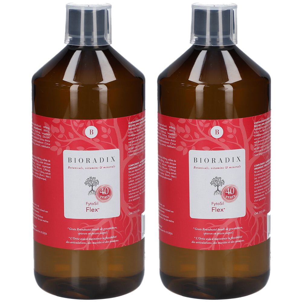 Deux flacons de Bioradix Fytosil Flex. Flacons bruns avec étiquette rouge et texte blanc. Bouchons transparents.