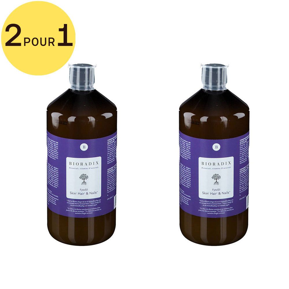Deux flacons avec étiquettes violettes. Inscription: Bioradix, FytoSil Skin Hair & Nails. Label jaune: 2 pour 1.