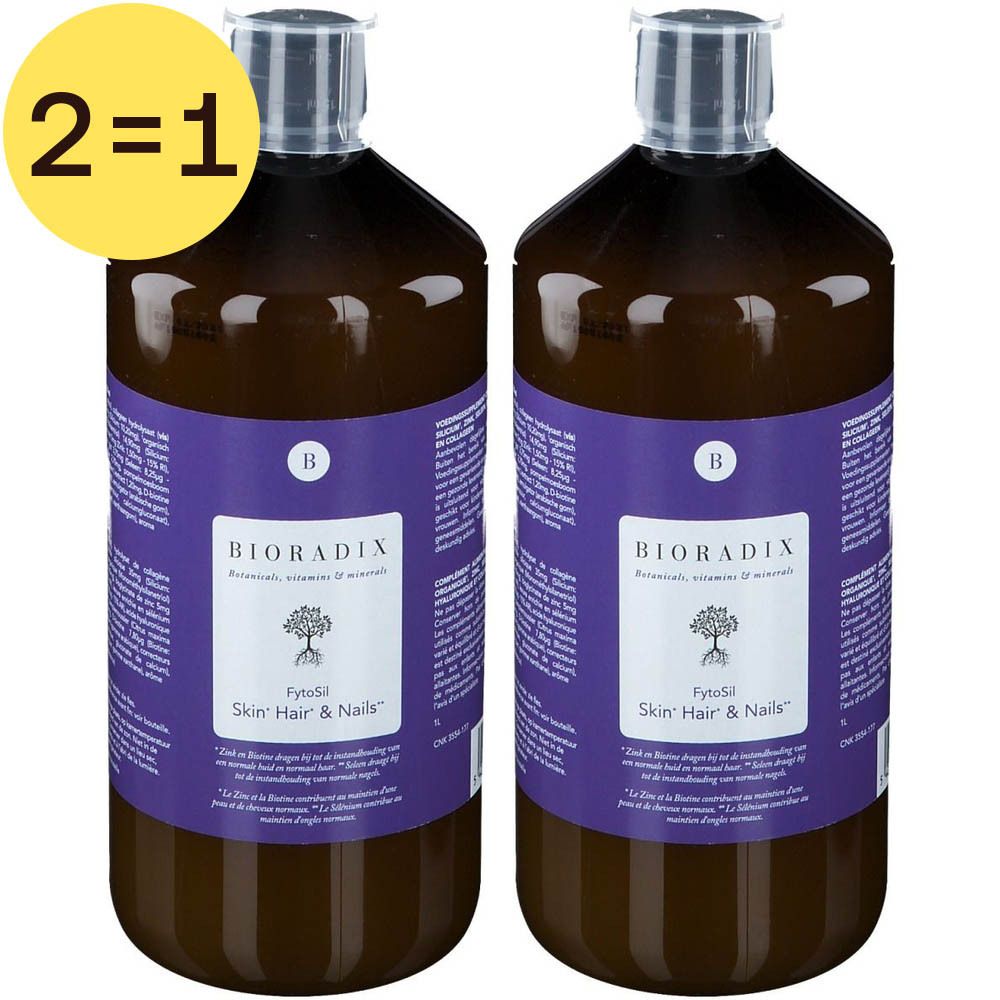 Deux flacons avec étiquettes violettes. Inscription: Bioradix, FytoSil Skin Hair & Nails. Liquide clair visible.