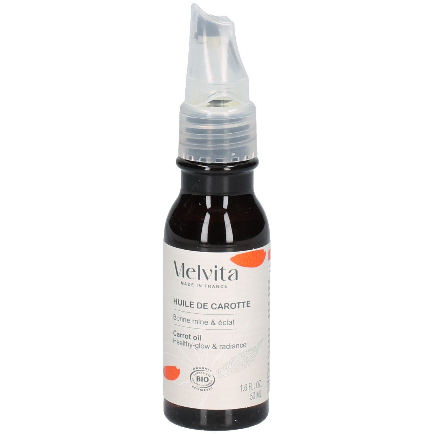 Flacon d'huile de carotte Melvita avec étiquette, label Bio et indication 50 ml.