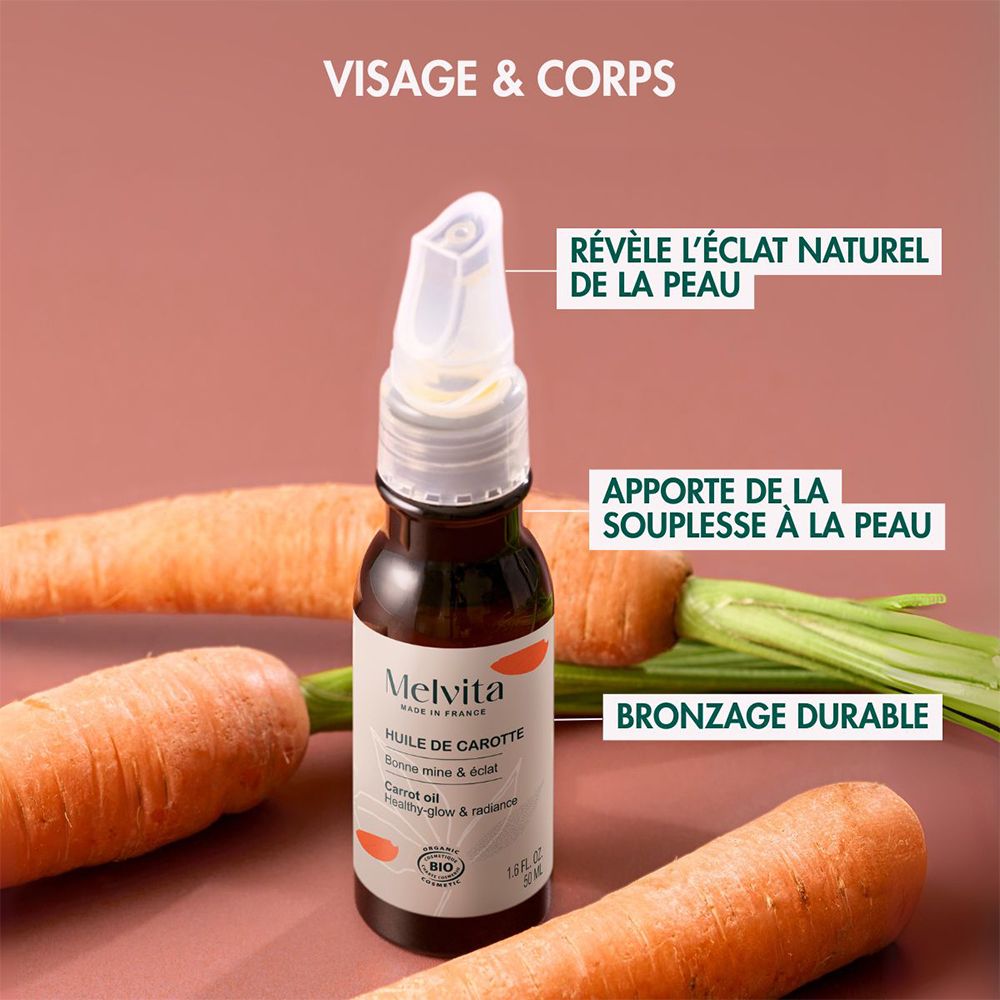 Flacon d'huile de carotte Melvita, vue de côté avec étiquette et label Bio.