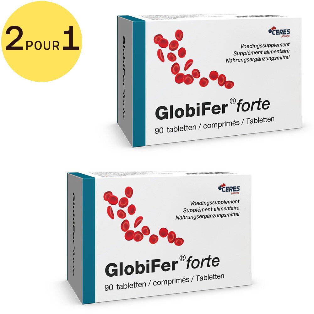 Deux boîtes de GlobiFer® forte. Boîtes blanches avec motif de cellules rouges et nom du produit. Inscription: 2 pour 1.