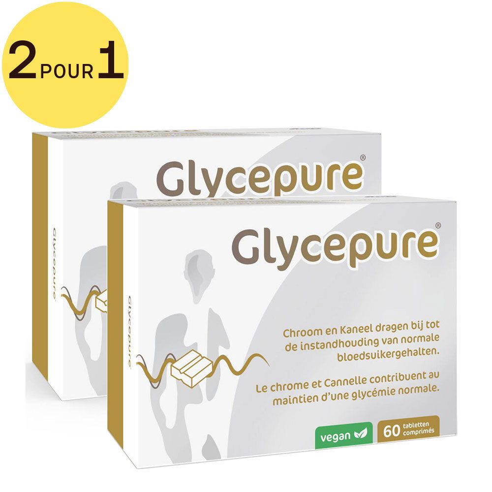 Deux boîtes de Glycepure, vegan, 60 comprimés. Inscription: Le chrome et la cannelle contribuent au maintien d'une glycémie normale.