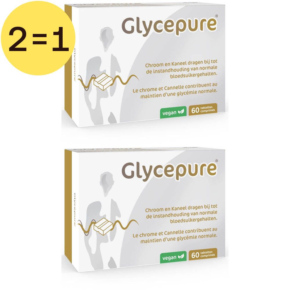 Deux boîtes de Glycepure, vegan, 60 comprimés. Inscription: Le chrome et la cannelle contribuent au maintien d'une glycémie normale.