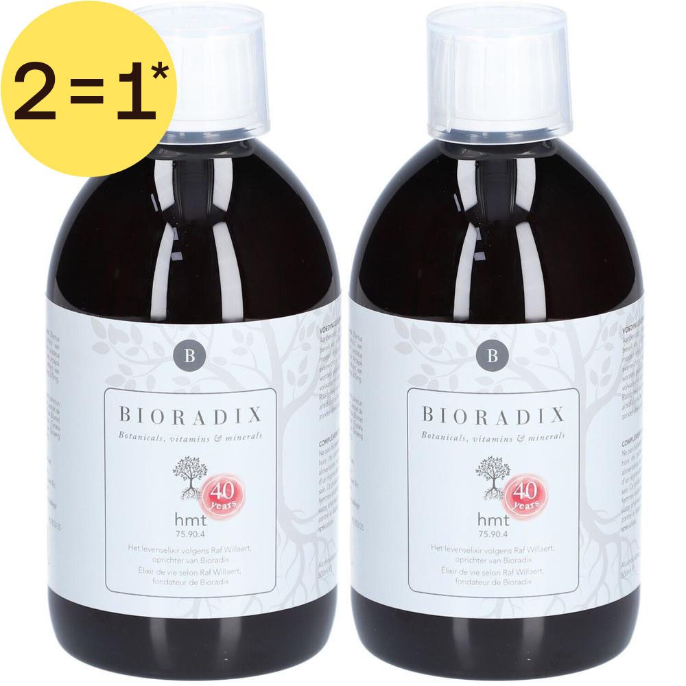 Deux bouteilles de liquide noir avec bouchon blanc. Inscription : Bioradix, hmt. Cercle jaune avec inscription : 2 pour 1.