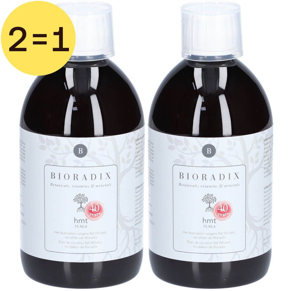 Deux boîtes en carton marron avec étiquette produit. Inscription : Bioradix, hmt 75.90.4, Botanicals, vitamins & minerals. 40 ans.