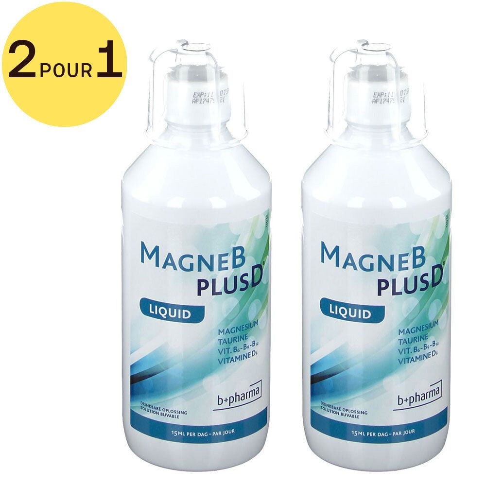 Deux flacons de MagneBplusD Liquid. Cercle jaune avec texte '2 pour 1'. Flacons blancs avec étiquette, logo b+pharma.