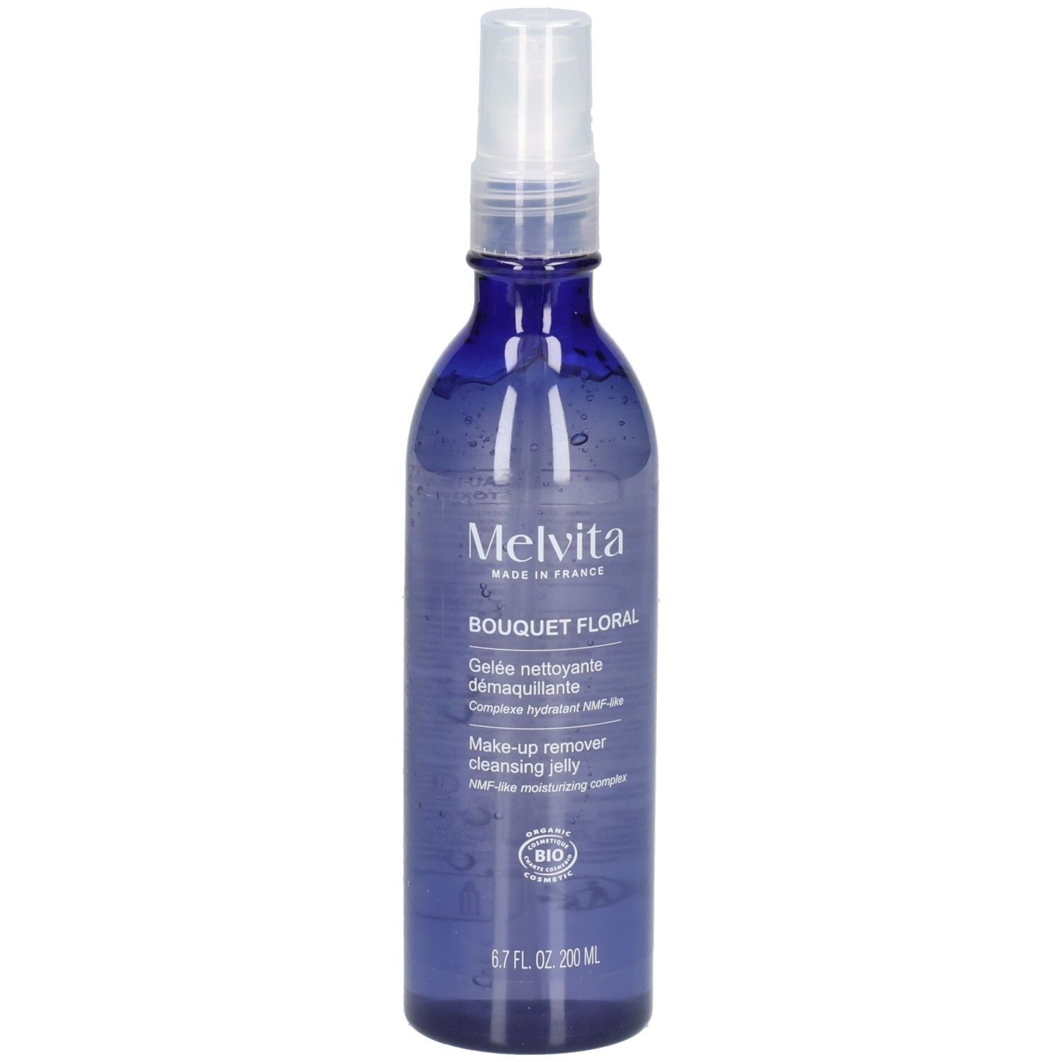 Melvita démaquillant, flacon spray bleu avec pompe blanche.