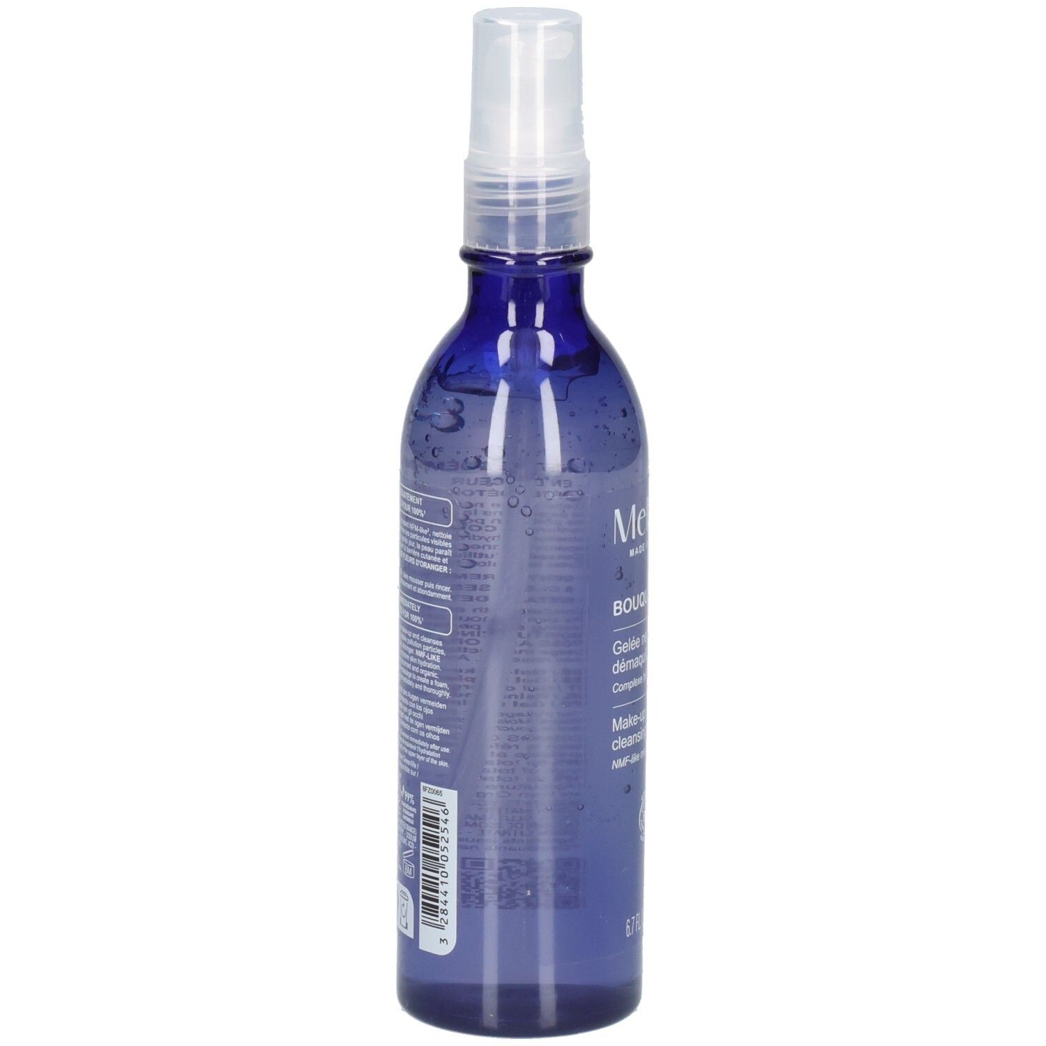 Arrière Melvita démaquillant, flacon spray bleu avec texte.